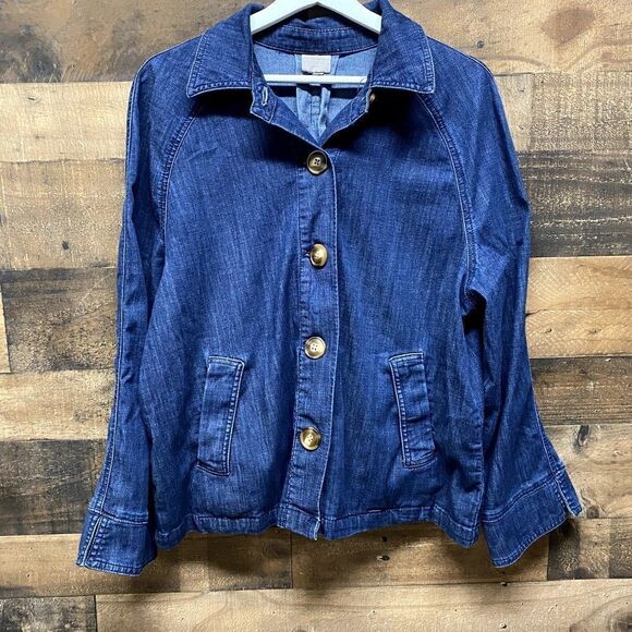 Chico's Womens Chambray Jacket Button Front Pockets Blue tencel - Picture 1 of 6